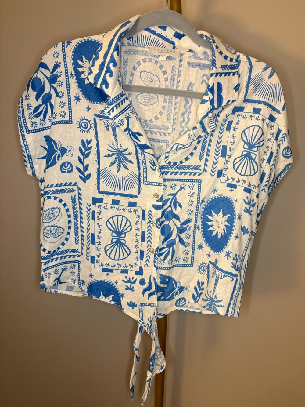 Calypso St. Barth Linen Blend Coastal Print Tie-Front Crop Blouse Shirt